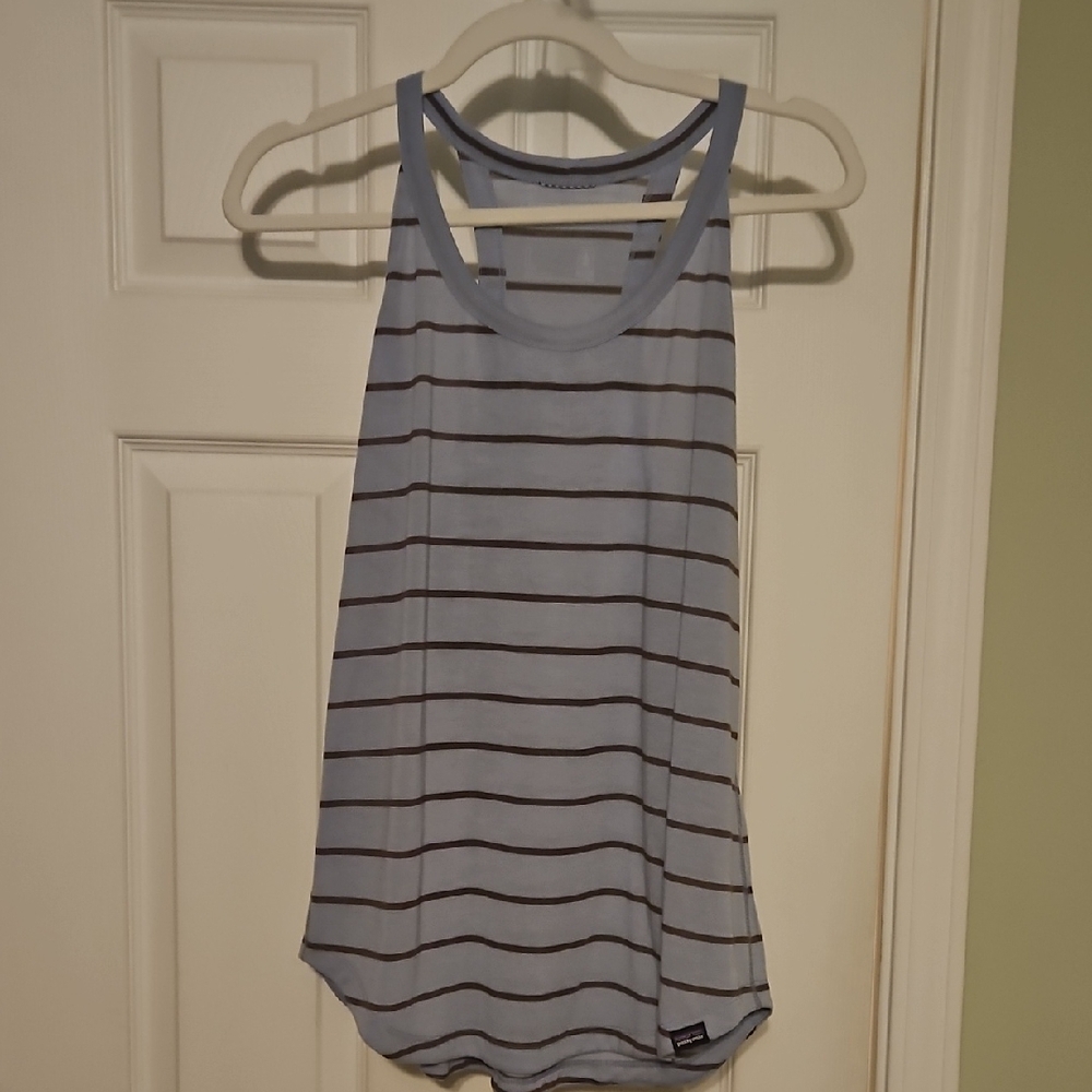 Patagonia Light Blue and Black Striped Tank Top